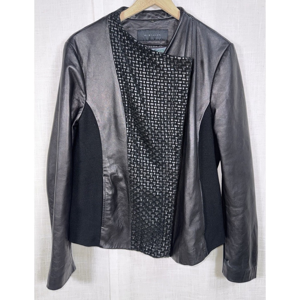 Elie Tahari Jacket Coat Black Lambskin Lamb Leather Weave Fabric Women's Sz XL